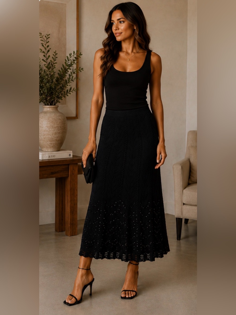 Ralph Lauren Black Open-Knit Beaded Midi Skirt Elastic Waist| size xsmall